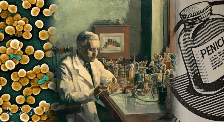 Zdjęcie gronkowca pod mikroskopem, obok grafika przedstawiająca siedzącego Alexandra Fleminga w swoim laboratorium, obok rycina przedstawijąca butelkę z napisem penicillin