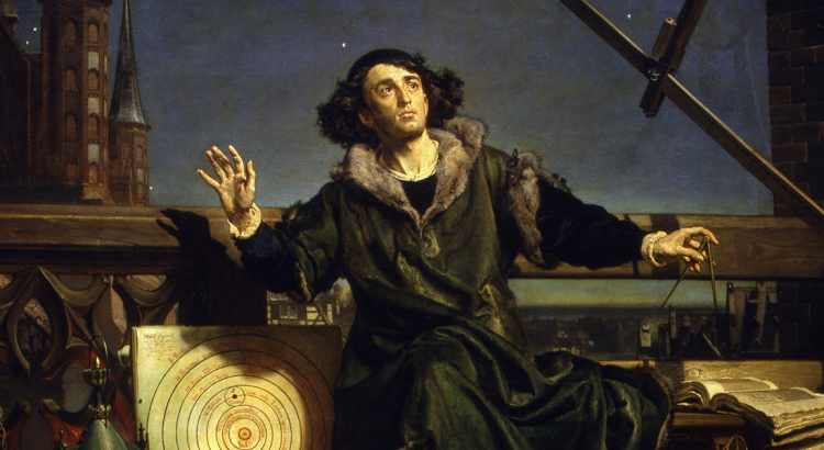 obraz autorstwa Jana Matejki - Kopernik siedzący na dachu, w otoczeniu przyrządów astronomicznych, w tle niebo z gwiazdami