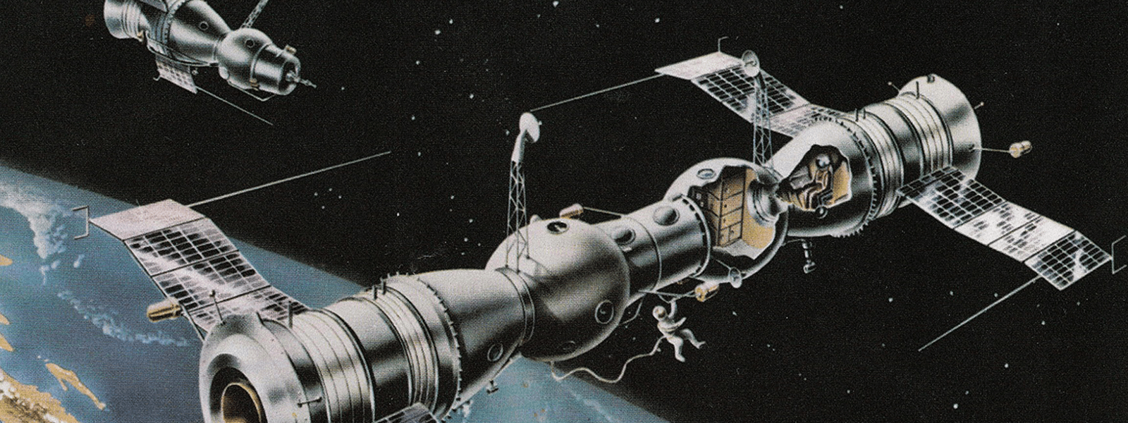 dokowanie Sojuza 6, 7 i 8, w tle Ziemia